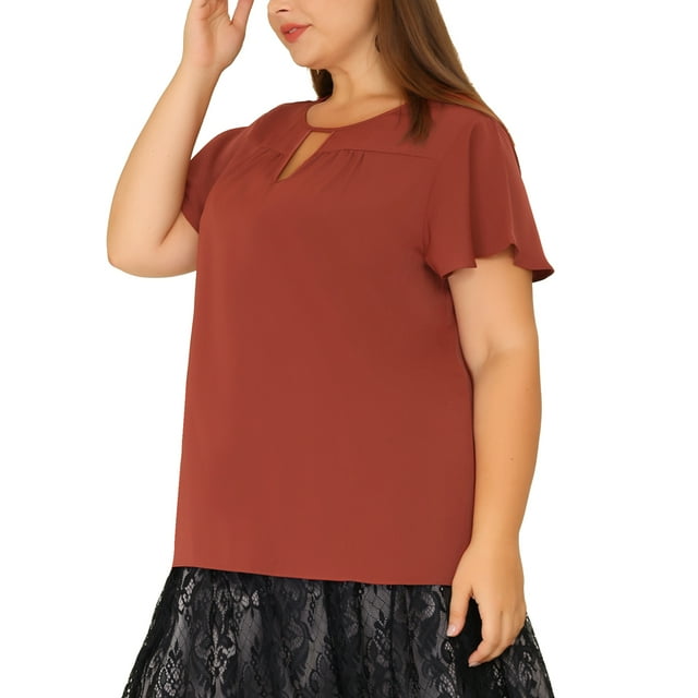 Unique Bargains Women's Plus Size Spring Relaxed Floral Chiffon Flared Short Sleeve Tops Caramel 1X