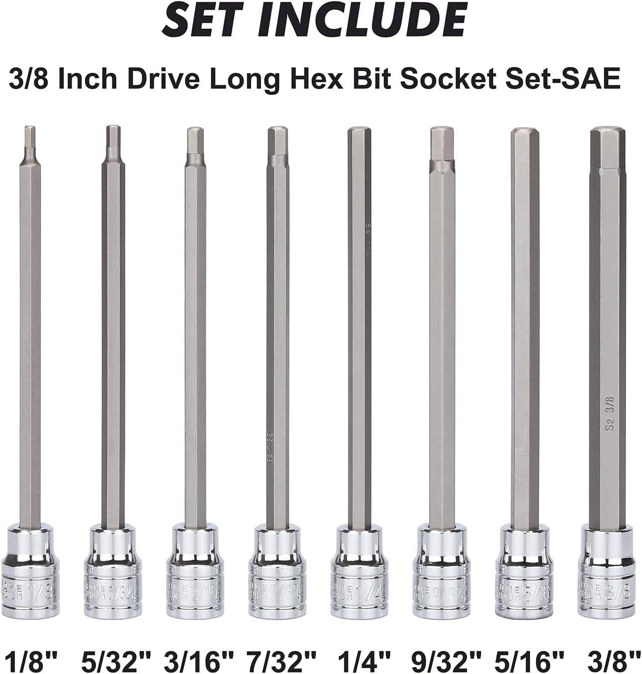 18 Pieces 3/8 Inch Drive Long Hex Bit Socket Set,1/8 Inch to 3/8 Inch, 3mm to 10mm, SAE&Metric, Extra Long Allen Hex Bit Socket Set, CR-V and S2 Steel
