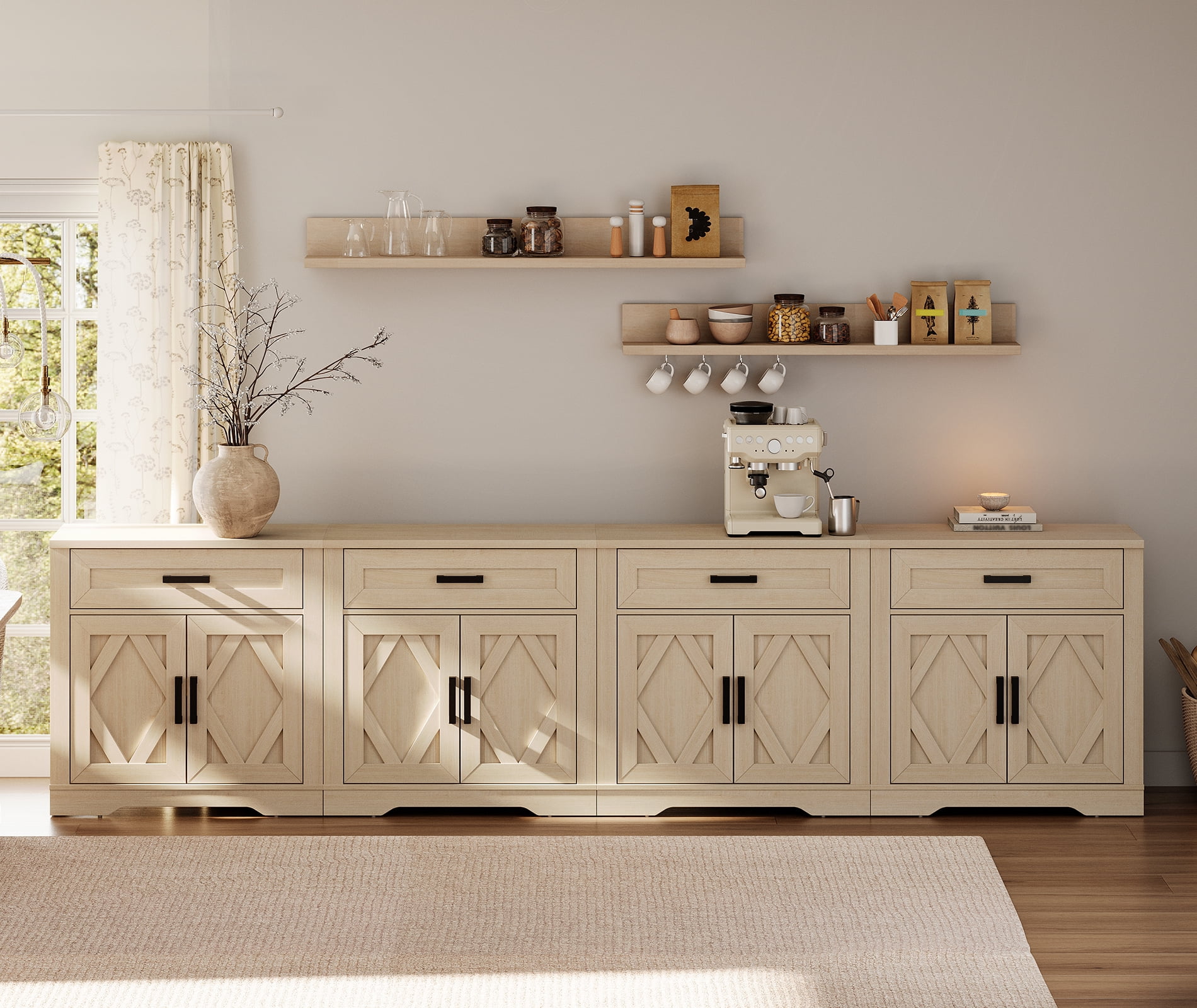 WAMPAT 126"W Large TV Stand,4-in-1 Farmhouse Entertainment Center with Storage Barn Door Cabinet,TV Console Table with Media Cabinet and Drawers for Living Room,Bedroom,Beige