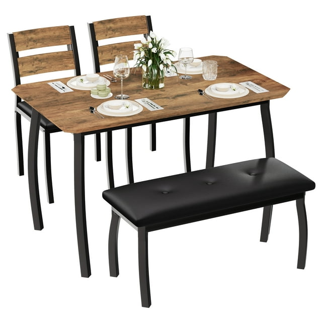 Yeshouse Juego de comedor industrial retro de madera de 43'' con 4 asientos, banco tapizado y 2 sillas con cojines para estudio, apartamento y cocina