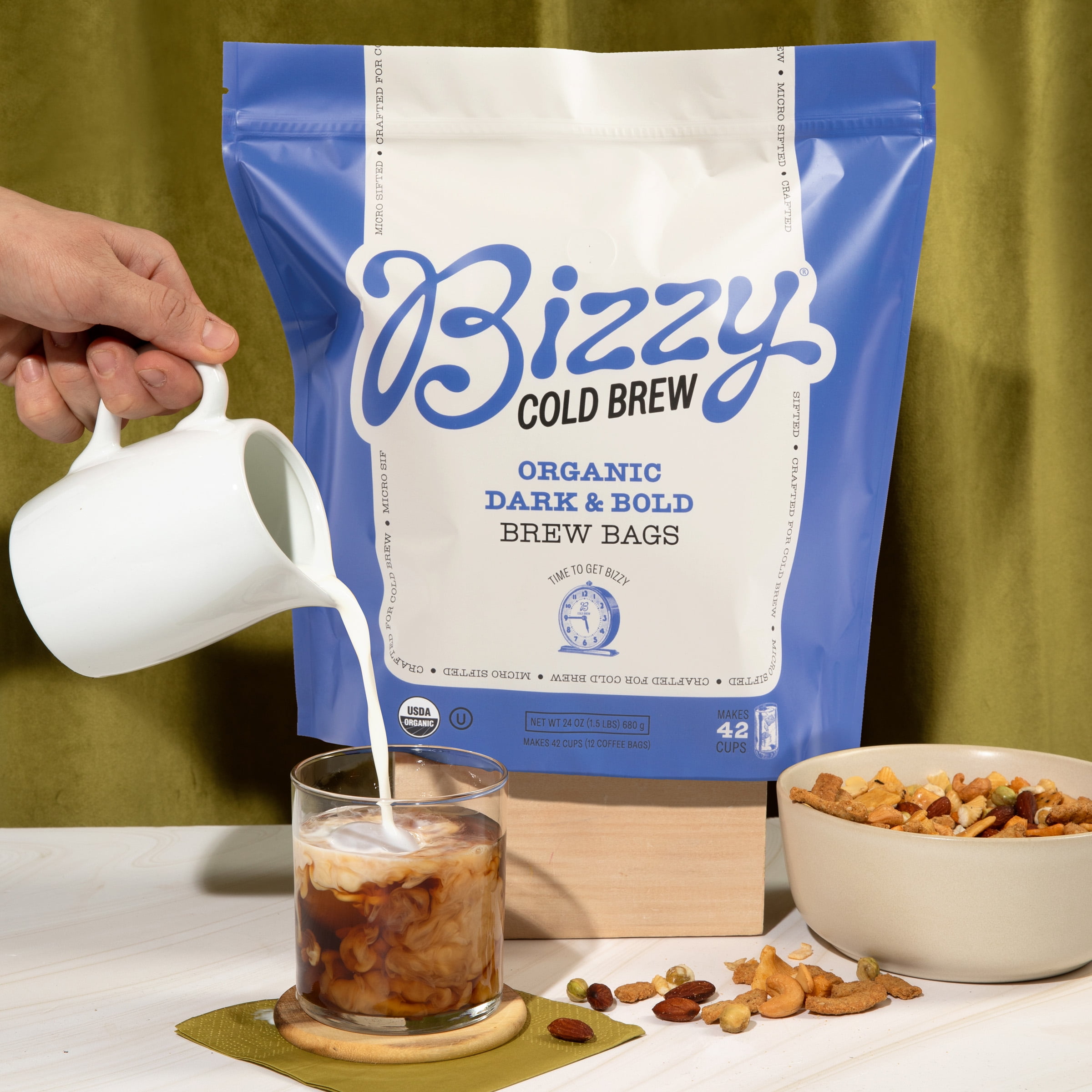 Bizzy Organic Cold Brew Coffee | Dark & Bold Blend | Coarse Ground Coffee | Dark Roast | Micro Sifted | Specialty Grade | 100% Arabica | Brew Bags | 12 Count | Makes 42 Cups