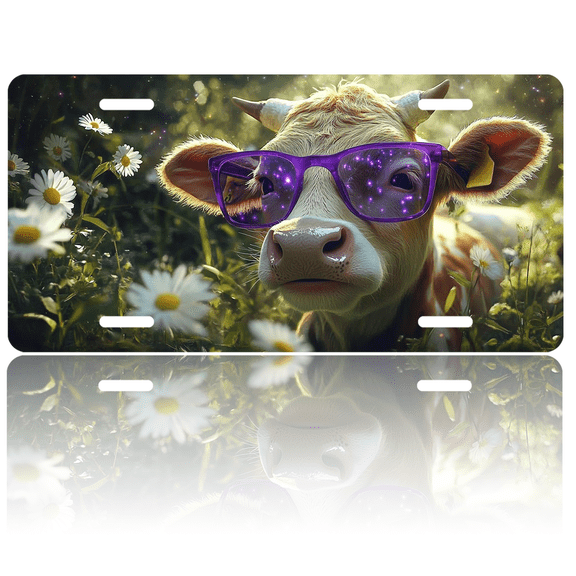 1 Pcs 2D Flat License Plate Covers & Frames, Cow wearing purple glasses For Decorative Front, Waterproof For Decoration Aluminum License Plate Covers & Frames Cover For Men Women, 12" X 6"