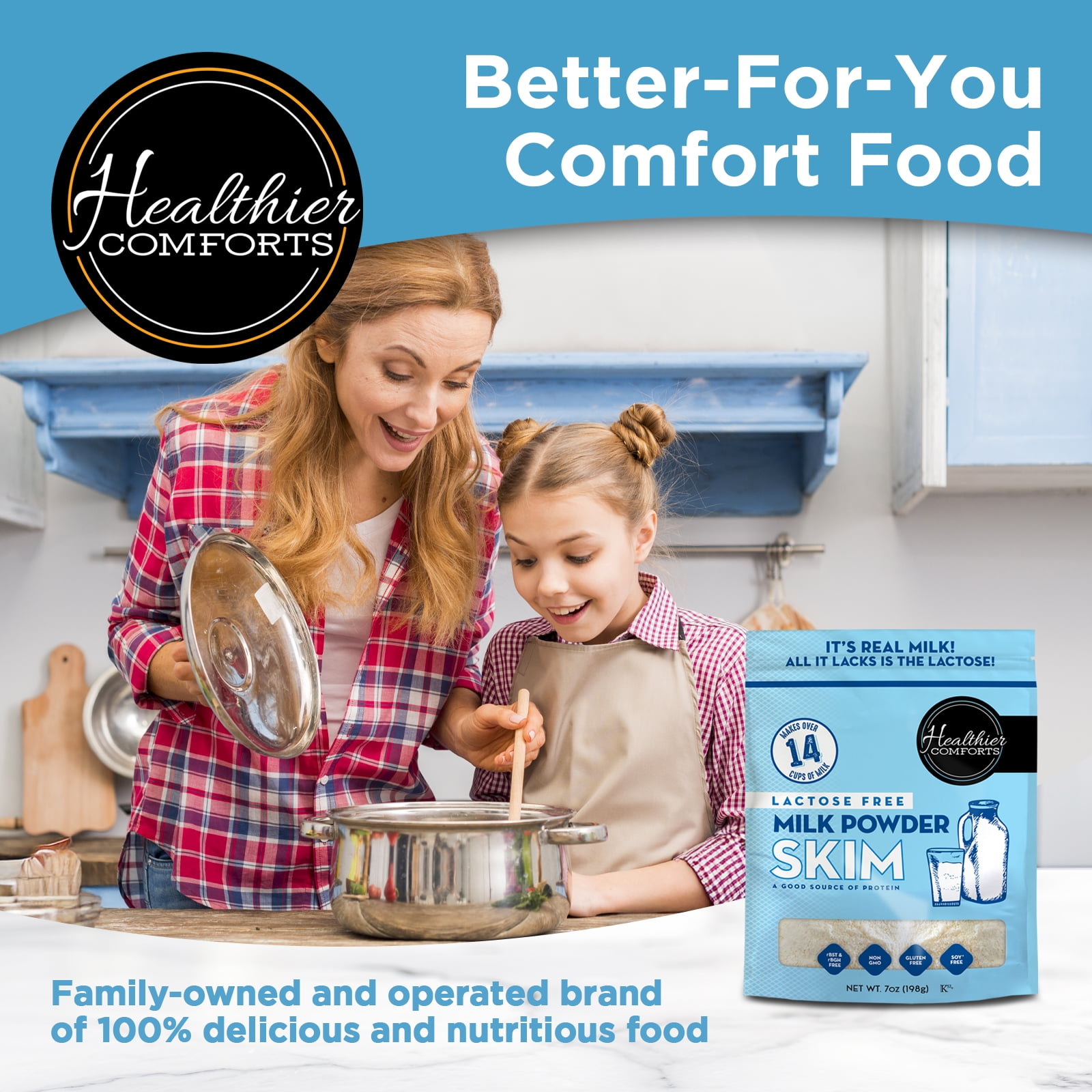 Healthier Comforts Lactose Free Skim Milk Powder 21oz | High Protein, Fat Free, Non-GMO, Kosher, Gluten Free, No Fillers | Baking, Coffee Creamer, Shakes