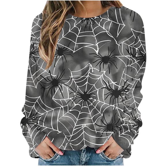Uootdi Women's Halloween Spider Web Sweatshirt - Spooky Spider Print,Crewneck Long Sleeve Top,Trendy Festival Apparel,Cozy Fall Outfit,Seasonal Fashion Choice