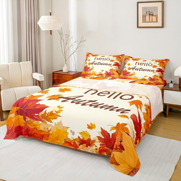 Homewish Hello Autumn Twin Sheet Sets,Fall Maples Twin Fitted Sheet,Beige Orange 03 For Men Women,Ultra Soft Home Decor,3pcs