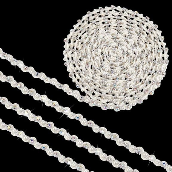 4 Yards Pearls Lace Ribbon 3/8 inch White Wavy Lace Ribbon Rhinestone Lace Trim Pearl Fringe Applique Fabric Gimp Braid Ribbon