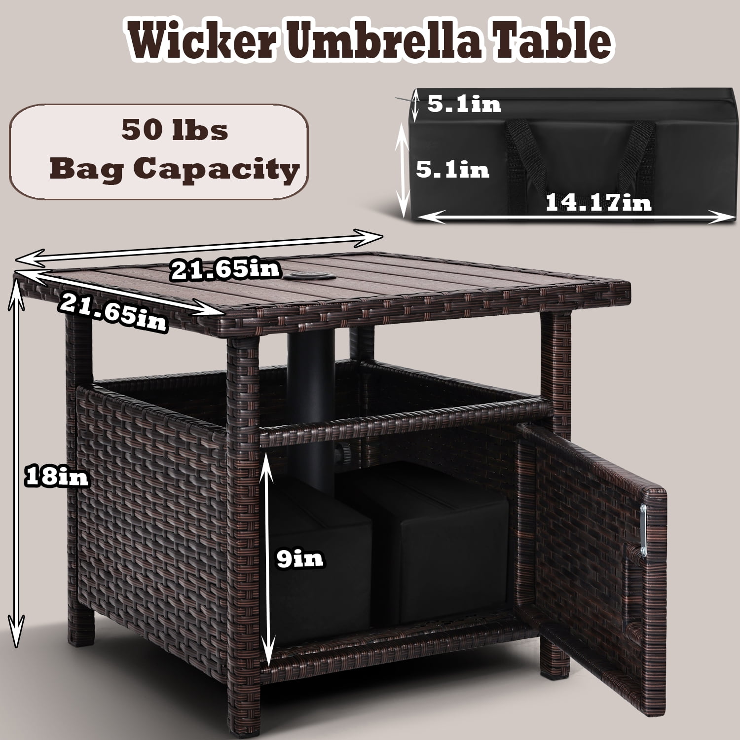 Umbrella Table with 2 Weight Bags Outdoor Patio Umbrella Side Table with Umbrella Hole Small Brown Wicker End Table for Outside Storage Coffee Table with Poly Lumber Top for Pool Garden Balcony Deck