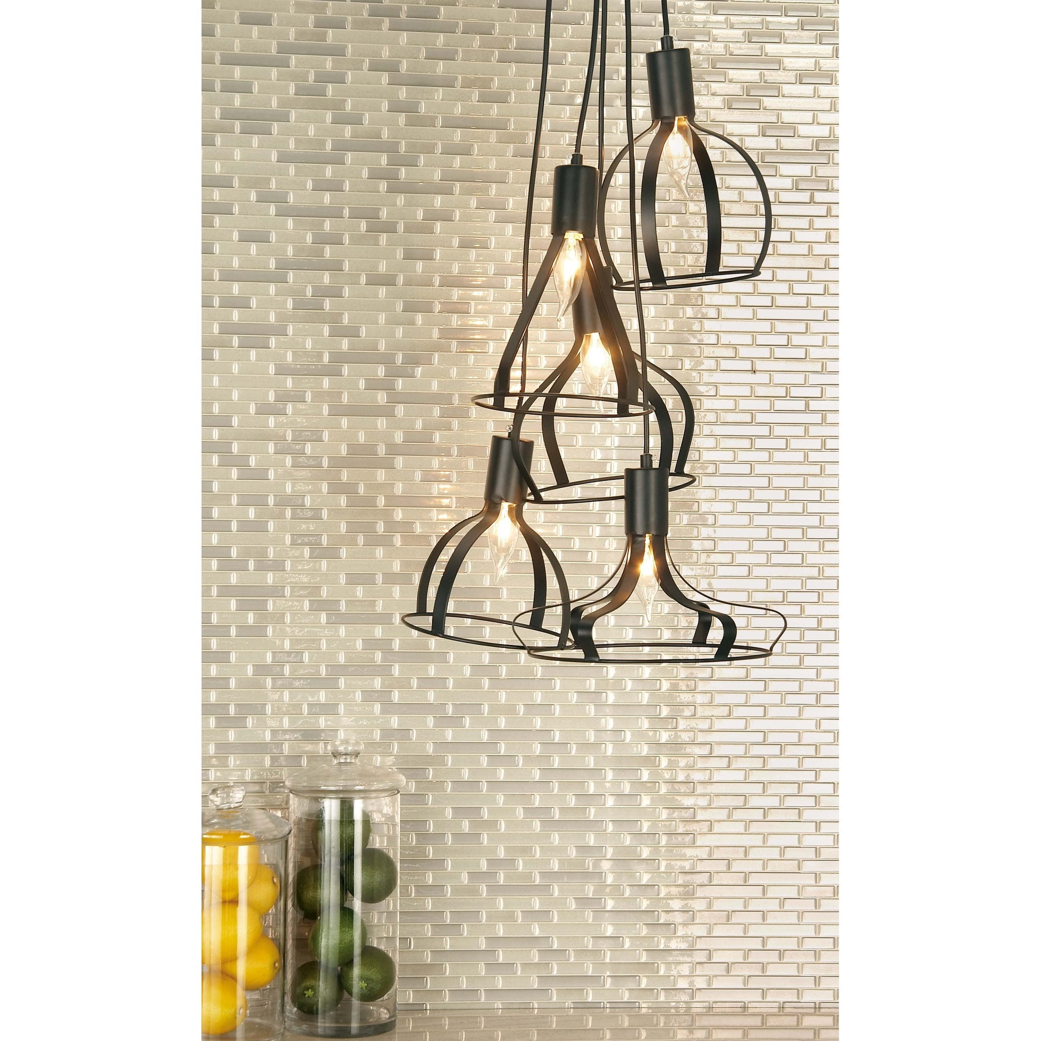 Decmode Contemporary 56 inch black iron bell-shaped five-light pendant lamp with bulb, Black