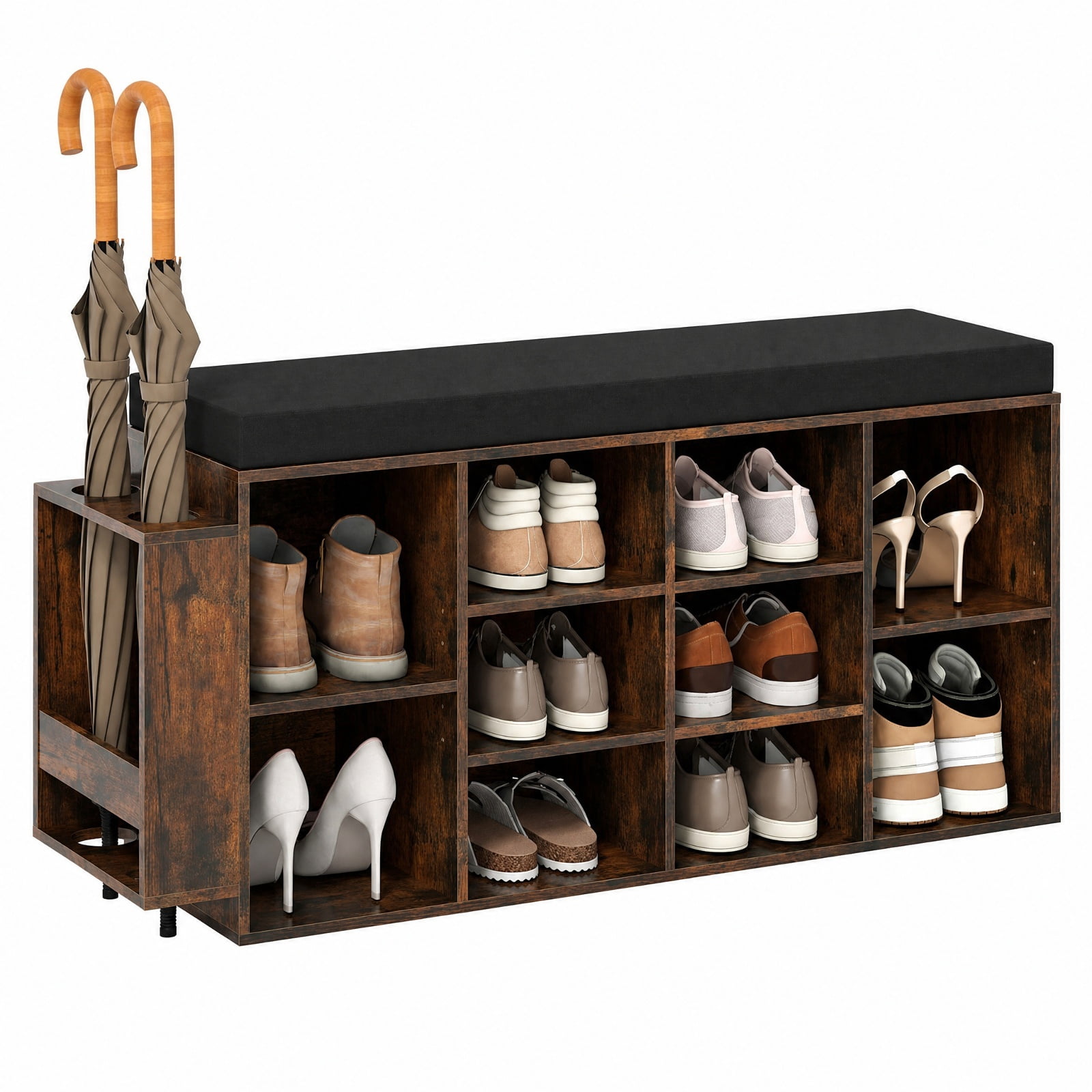 Furnibear Shoe Storage Bench with Umbrella Stand and 10 Cubby Entryway Shoe Rack Organizer with Padded Seat for Hallway Closet, Rustic Brown