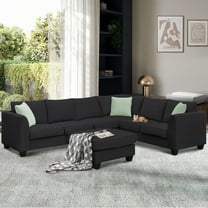 MAYEERTY 112*87" 7-Seat L-Shaped Fabric Sectional Sofa Set with Ottoman & 3 Pillows, Black