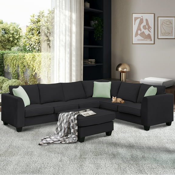 MAYEERTY 112*87" 7-Seat L-Shaped Fabric Sectional Sofa Set with Ottoman & 3 Pillows, Black