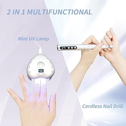 Cordless Electric Nail Drill File: 35000RPM Professional Nail Drill Machine with UV LED Nail Lamp Charging Base, Manicure Pedicure Kit E File for Acrylic Gel Dip Powder Polish Silver