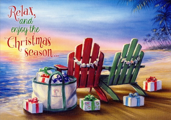 Presents Wreath Box of 18 Warm Weather Christmas Cards Beach Chairs 