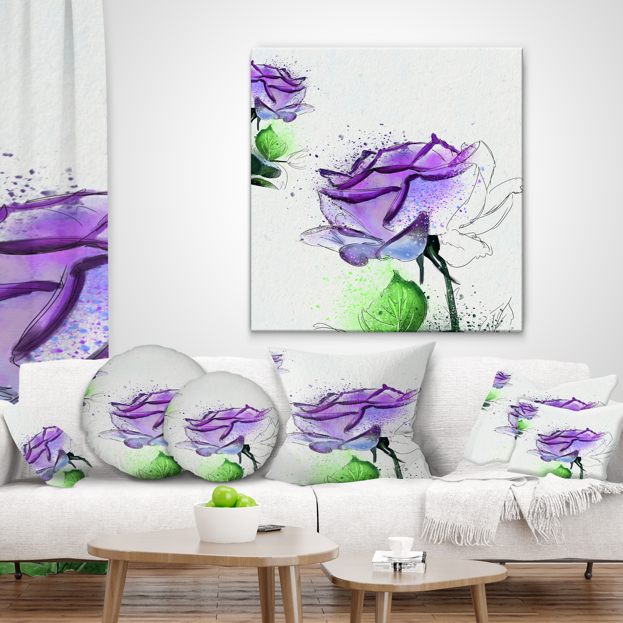Designart Blue Rose Flowers with Green Leaves - Floral Throw Pillow - 16x16