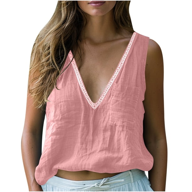 Vestidos Casuales Para Mujer, Blusas De Mujer De Moda Camisa de verano para mujer, moderna, con cuello en V, lisa, sin mangas, informal, de imitación de lino y solapa.