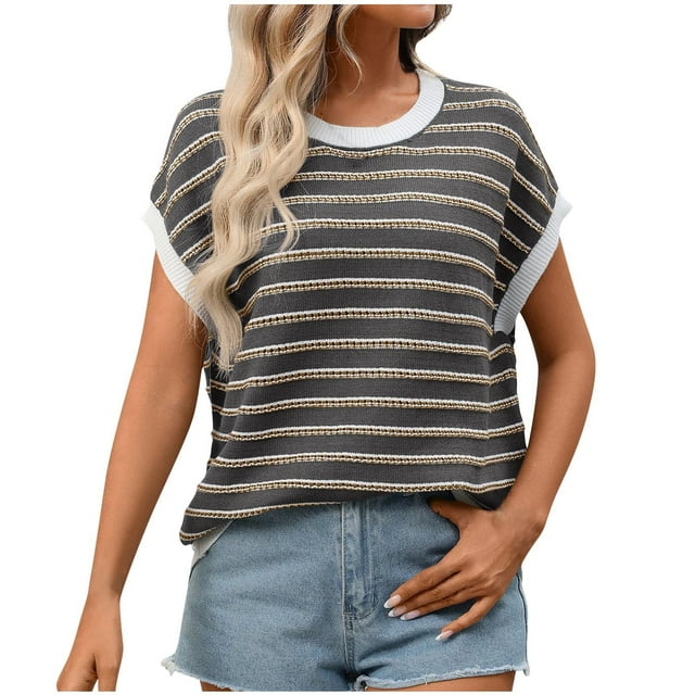 Ltctricy Chandails Légers pour Femmes à Manches Courtes Col Rond à Rayures en Blocs de Couleur Hauts Décontractés Amples