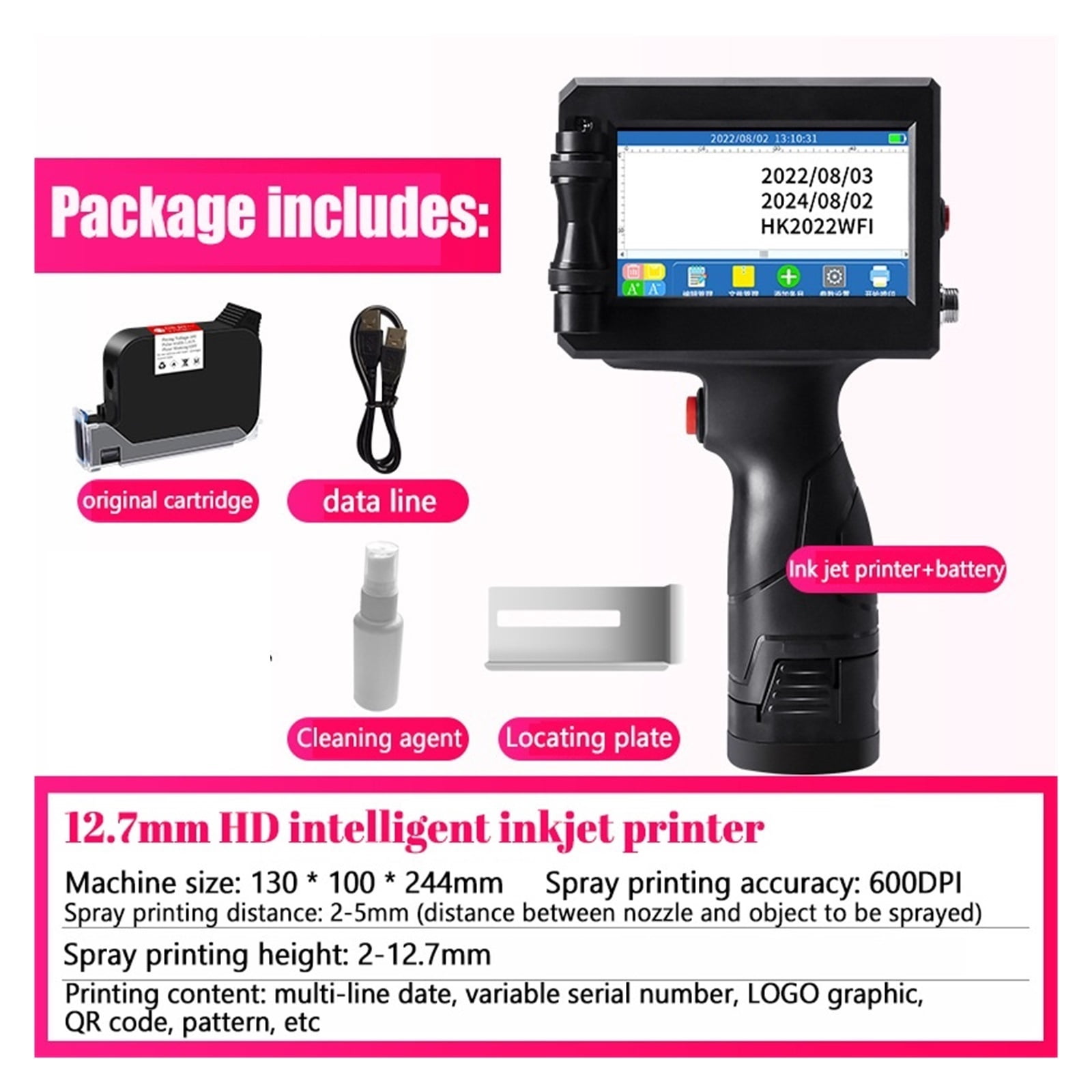 Printer Small Fully Automatic Handheld, Label Label Packaging Bag QR Code Barcode Portable Inkjet Printer ,Versatile Surface Compatibility