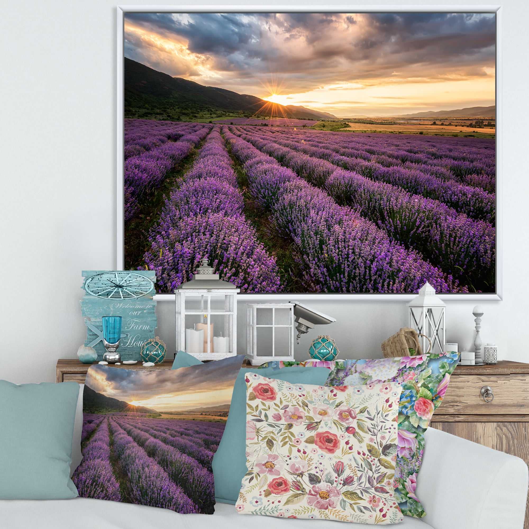 Designart 'Dramatic Clouds and Sunrise Over Lavender Field VI' Farmhouse Framed Canvas Wall Art Print