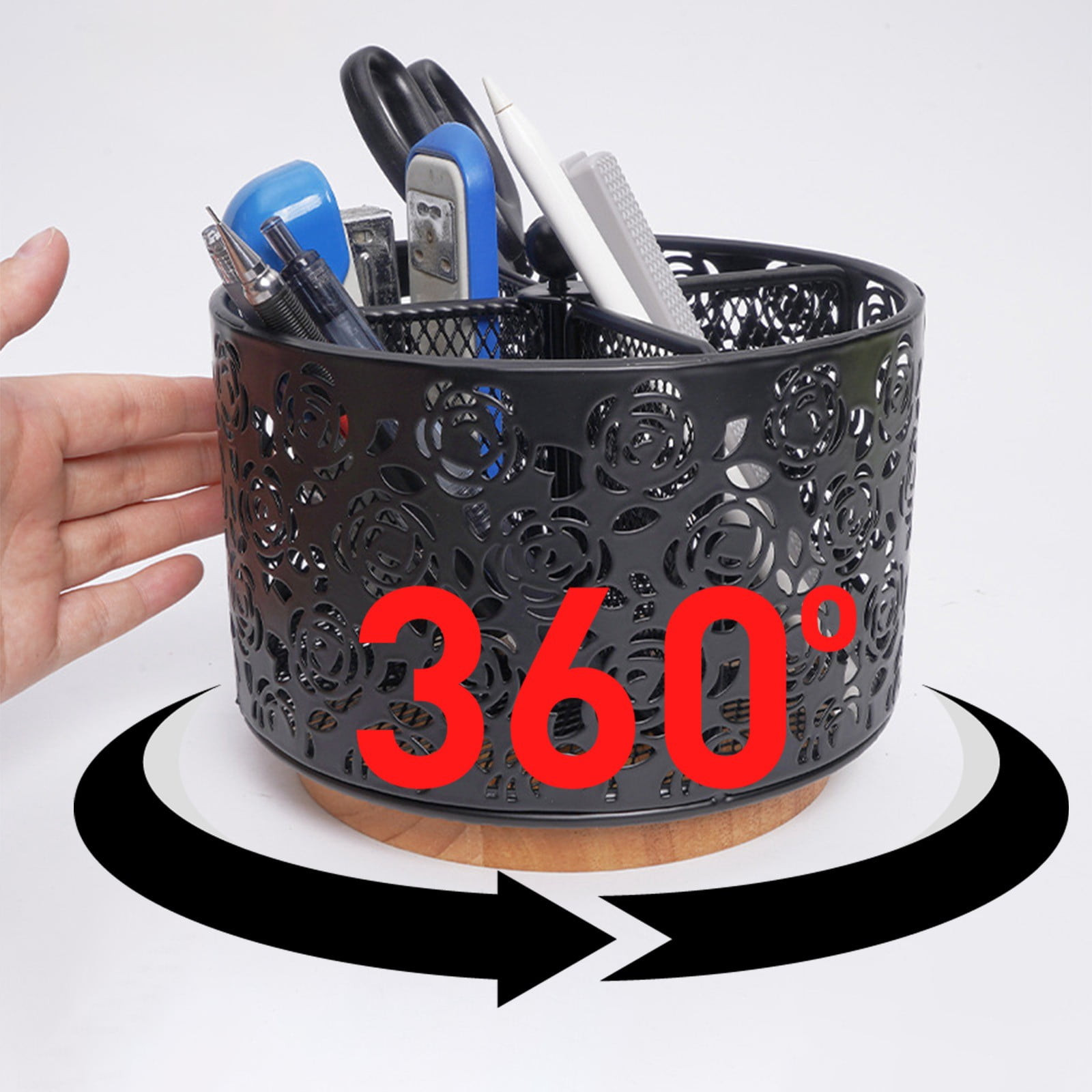 Rotating Mesh Desk Organizer with 4 Compartments for Pens, Office Supplies, Makeup Brushes and Vanity Storage