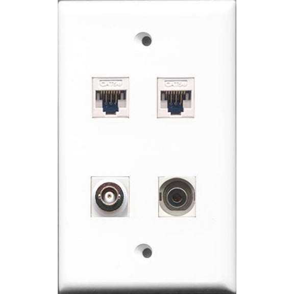 RiteAV - 1 Port 3.5mm and 1 Port BNC 2 Port Cat5e Ethernet White Wall Plate