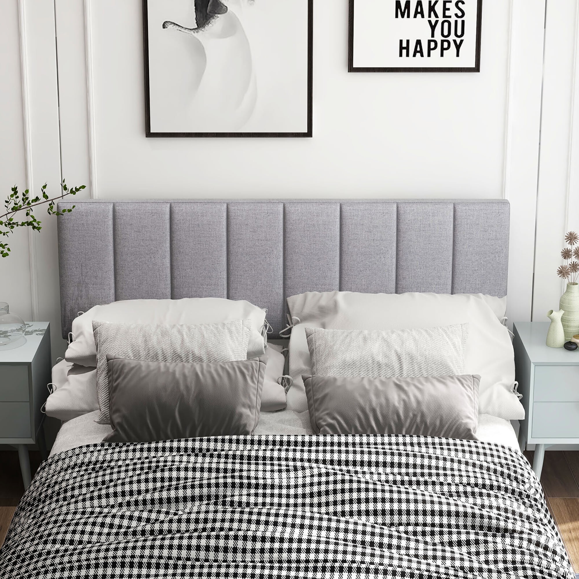 Gymax Linen Upholstered Headboard Vertical Channel Tufted Wood Leg for Full/Queen Gray