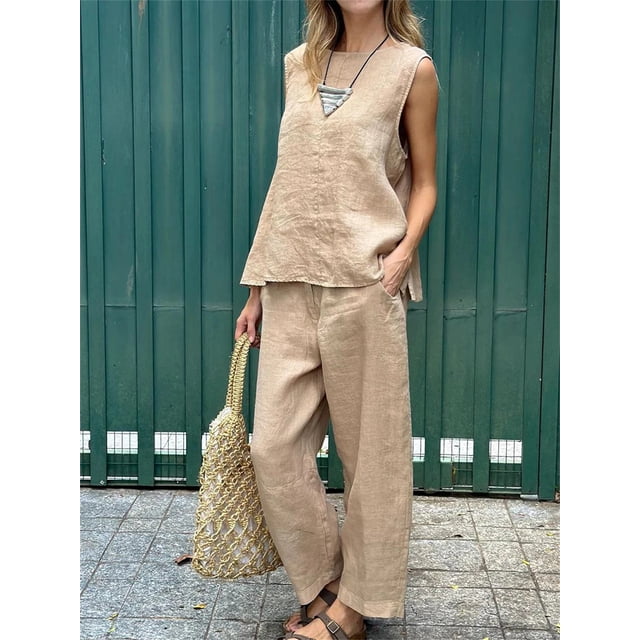 Traje holgado de cuello redondo para mujer, pantalones largos informales con bolsillo, conjunto de 2 piezas, Color sólido sin mangas, primavera y verano