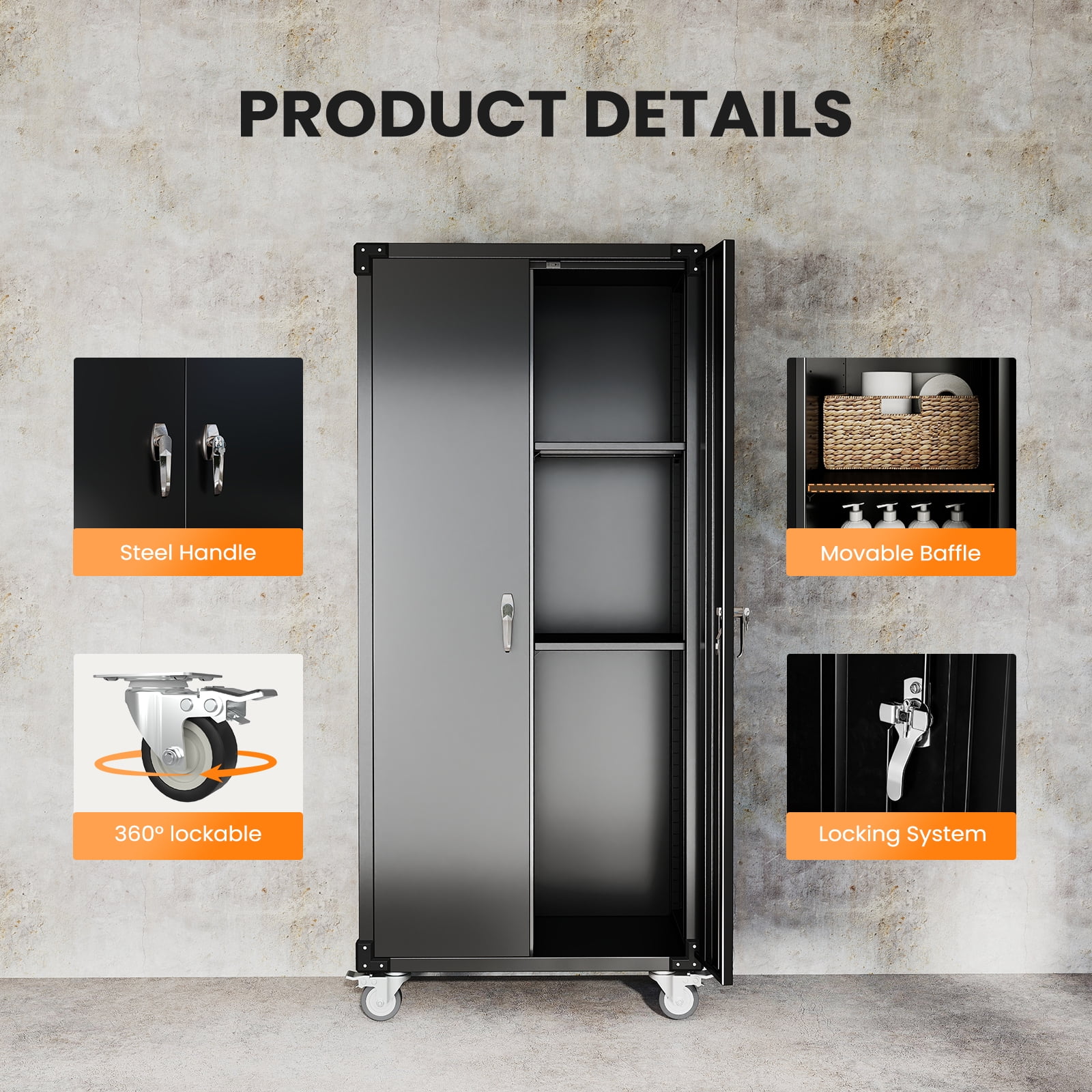 MCQ Metal Broom Storage Cabinet with Lock, Rolling Cleaning Tool Organizer for Mop, Dustpan, Garage, Laundry Room, 4 Lockable Casters, Easy Assembly