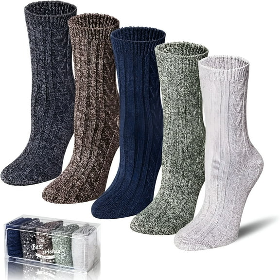 TELOLY 5 Pairs Merino Wool Socks Winter Warm Thick Knit Casual Crew Cozy Socks for Women