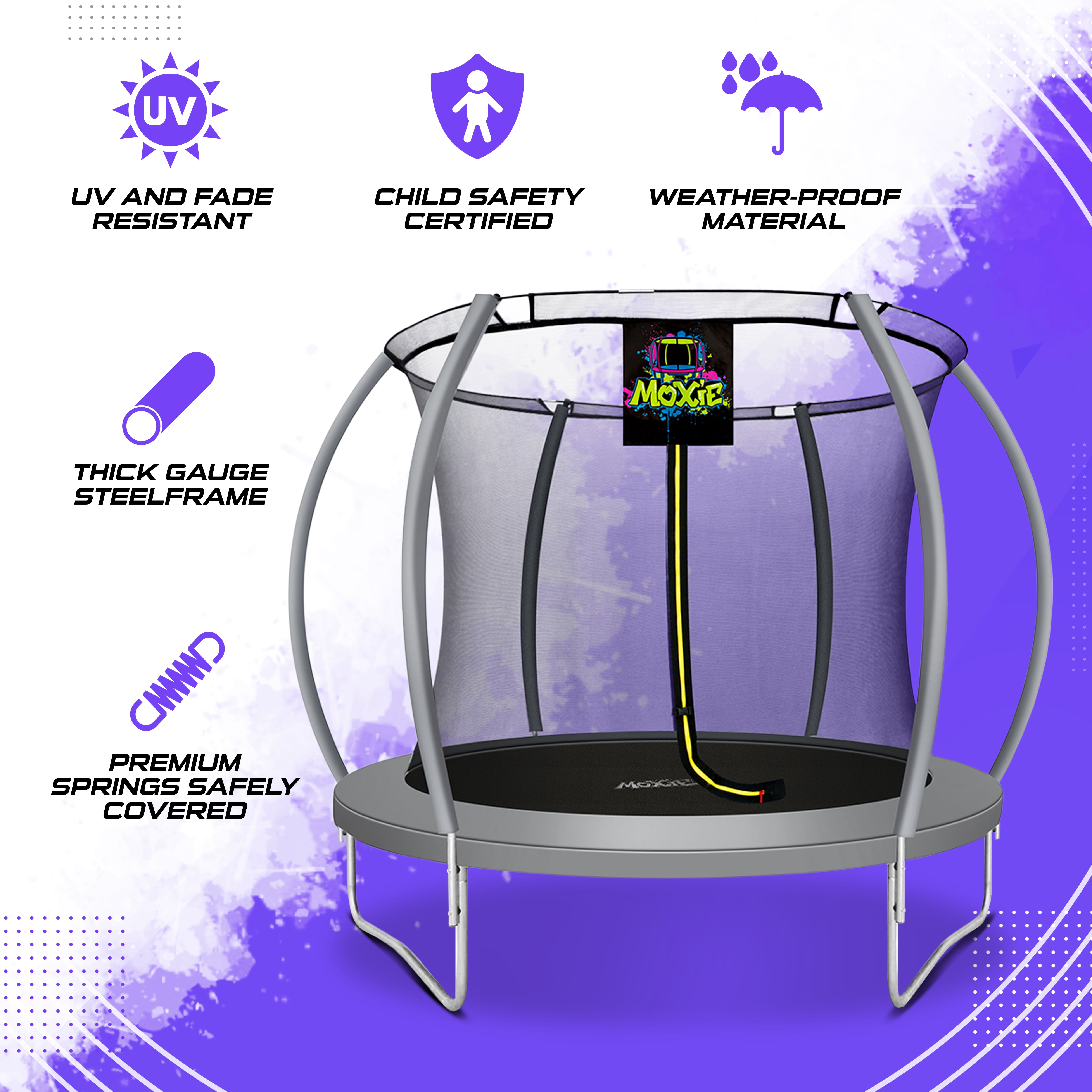 Machrus Moxie Pumpkin-Shaped Outdoor Trampoline Set with Premium Top-Ring Frame Safety Enclosure, 8 FT - Grey