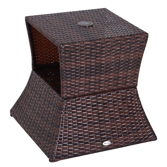 Dranite 2-Tier Outdoor Patio Side Table with Umbrella Hole, Rattan Wicker Mixed Brown