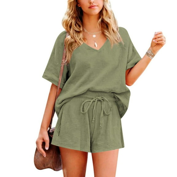 Spring Tops for Women Womens Sets 2 Piece Outfits Women's Fashion Casual Solid Color Short Sleeved Shirt And Shorts Two-piece Set