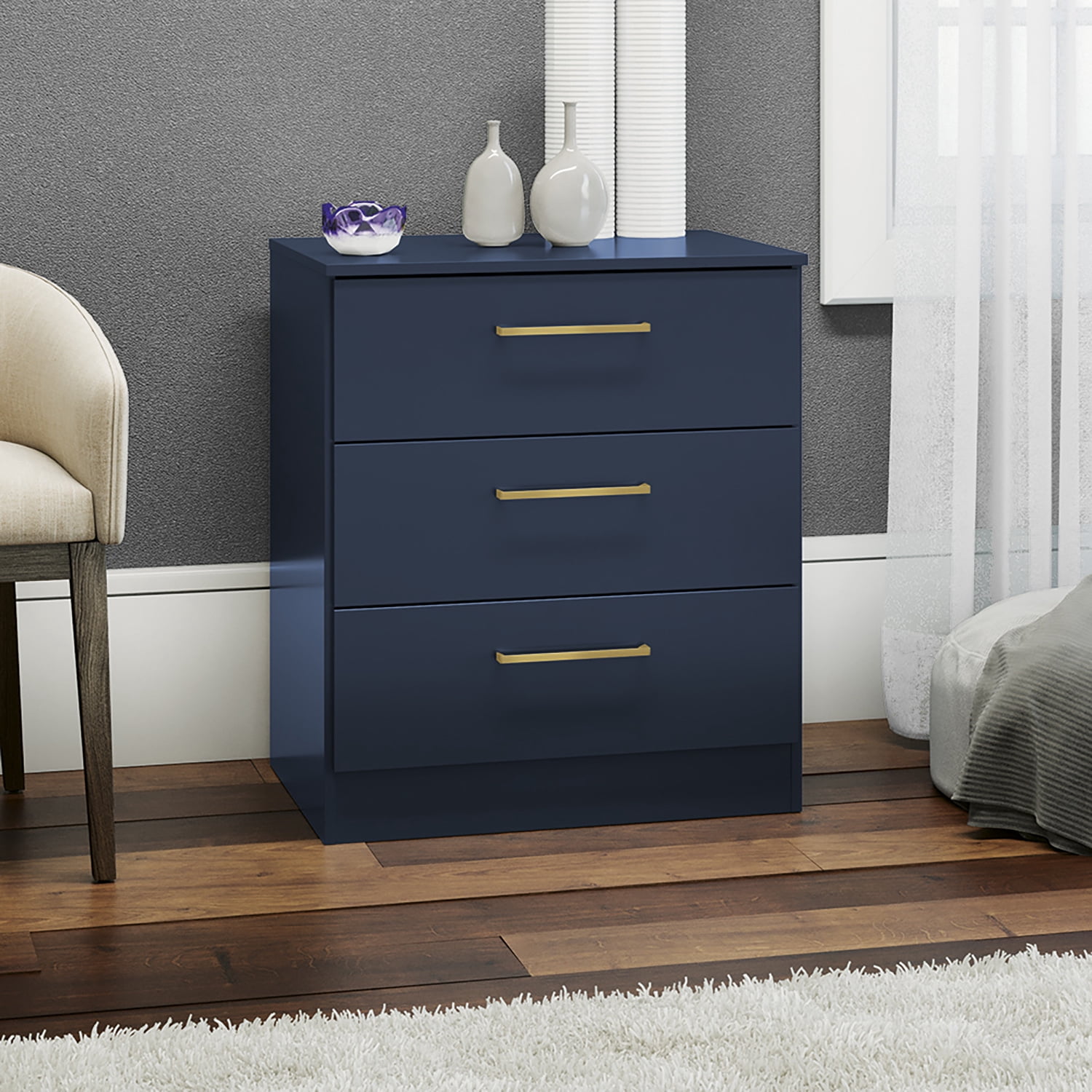 Kappesberg Jolyne 3-Drawer Vertical Dresser, Blue with Gold Handles – Modern Bedroom Storage for Adults and Teens