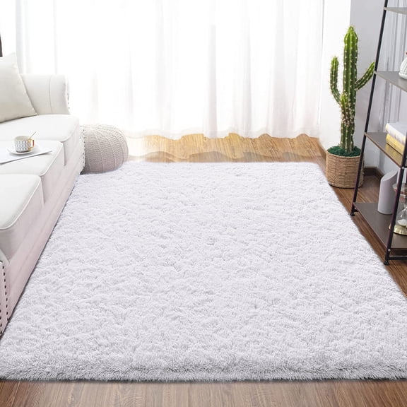 Dwelke Fluffy Shag Area Rugs Soft Fuzzy Shaggy Rugs for Girls Bedroom Kids Room Carpet Furry Throw Dorm Rug , 5'x8',White