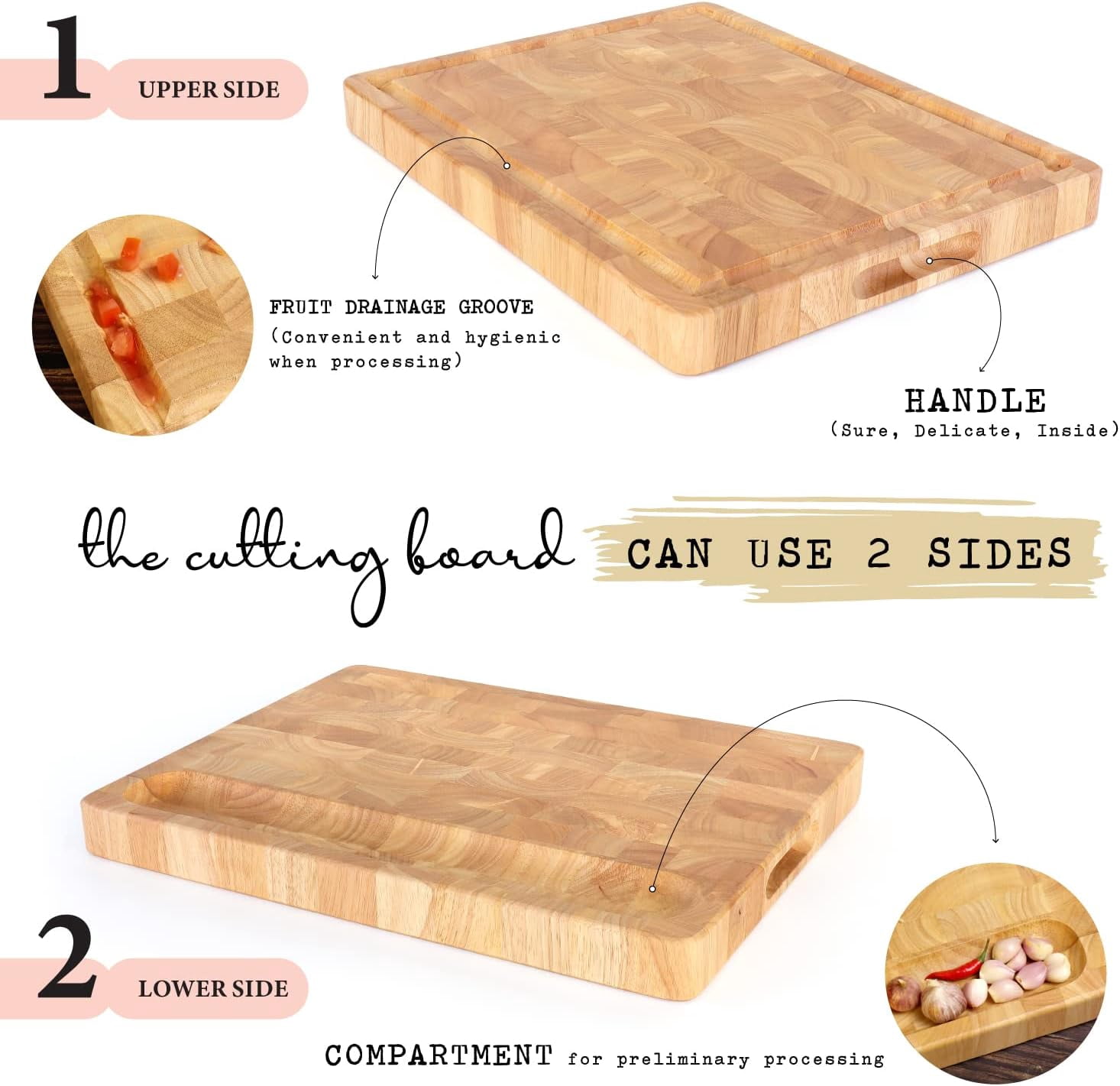Wooden Butcher Block End Grain Cutting Board - 17x13x1.5in Reversible Multipurpose Chopping Board with Juice Groove, Cracker Holder & Inner Handles