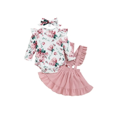 

Canrulo 3PCS Newborn Infant Baby Girl Fall Clothes Floral Long Sleeve Ruffle Romper Top Suspender Skirt Dress Set Pink 6-12 Months
