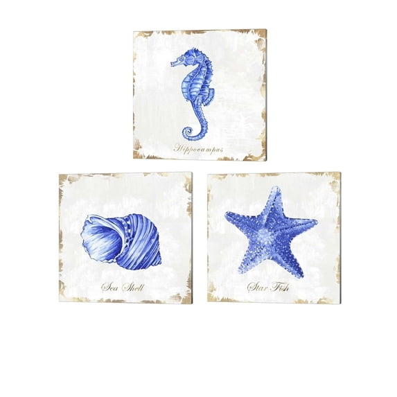 Metaverse Eva Watts 'Blue Sea Horse, Seashell & Starfish' Canvas Art (Set of 3)