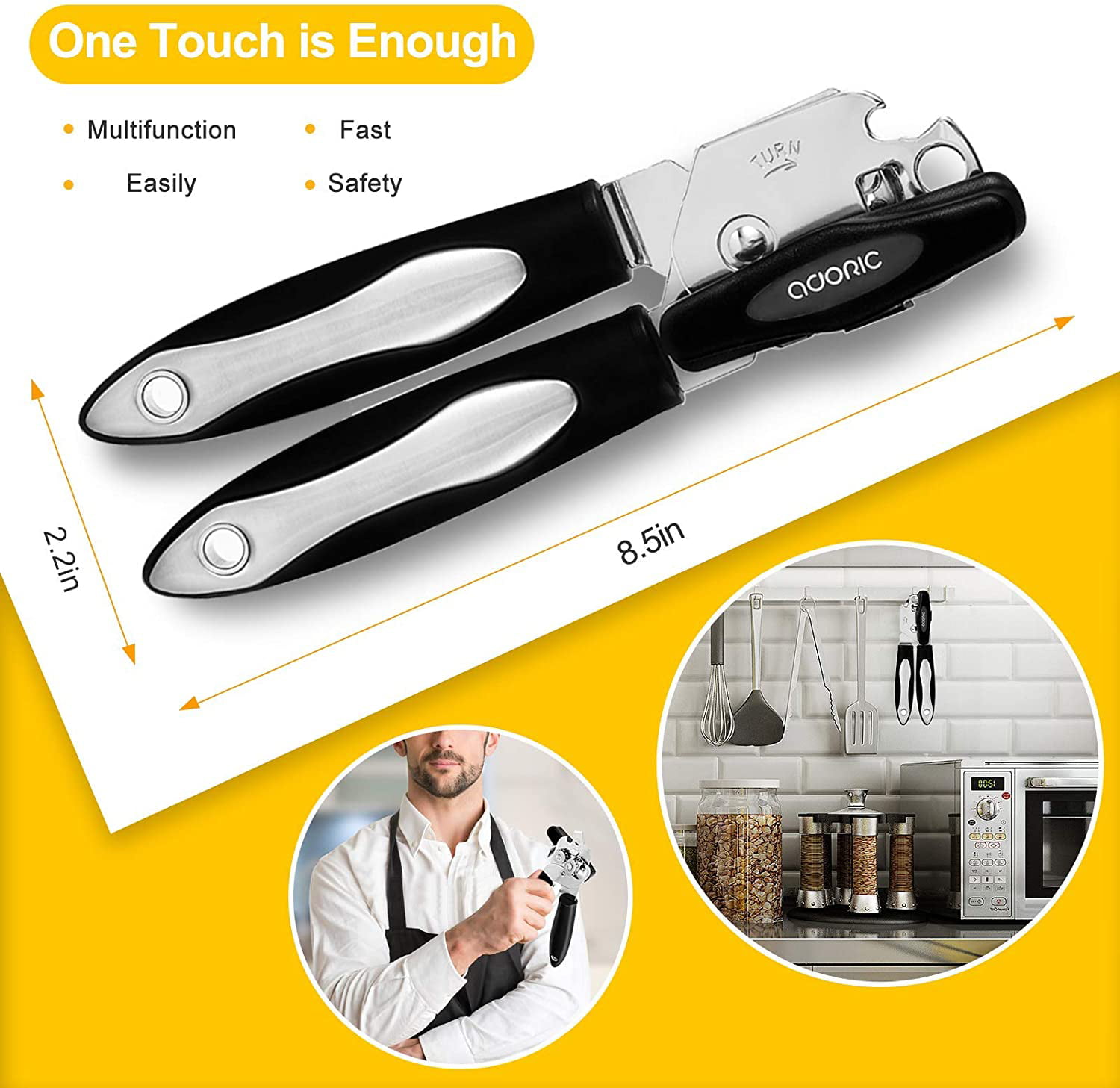 Grey Heavy Duty Can Opener for The Elderly Good Grips Ergonomic Handle PLASTIFIC Kitchen Can Openers Manual Stainless Steel Tin Opener No Sharp Edges 
