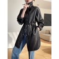 thumbnail image 2 of Abrigo de piel de oveja natural para mujer con fajas Chaqueta cortavientos larga de cuero genuino de un solo pecho de alta gama de moda кожаный плащ, 2 of 4