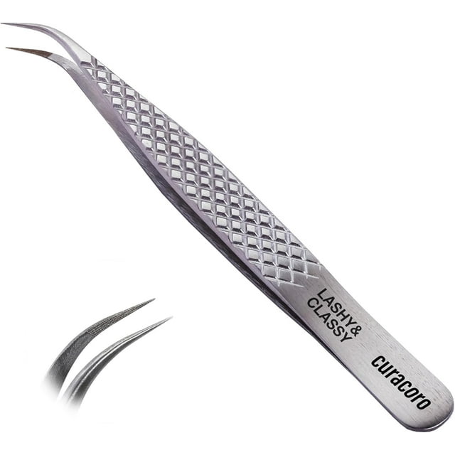Curacoro Pince à Cils - Pince à Cils Professionnelle et de Précision à Pointe en Fibre pour Extensions de Cils, Pinces Multi-Formes et Usages pour le Volume, l'Isolation et les Cils Classiques (Argent, Cils et Chic)