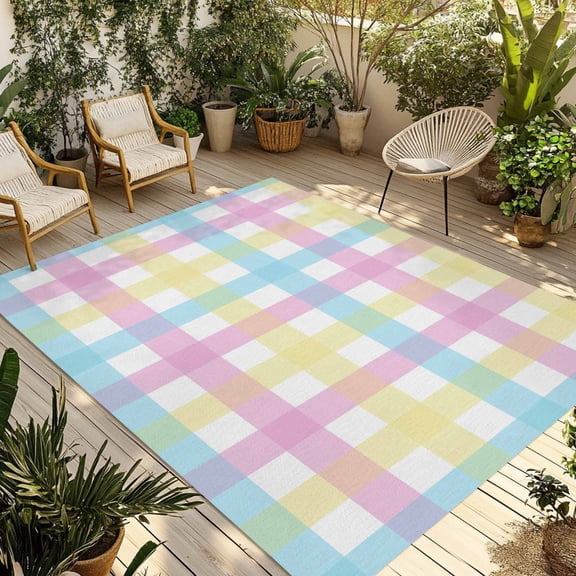 Easter Plaid Outdoor Rug for Patio/Deck/Porch, Non-Slip Large Area Rug 3 x 5 Ft, Spring Buffalo Plaid Simple Colorful Indoor Outdoor Rugs Washable Area Rugs, Reversible Camping Rug Carpet Runner