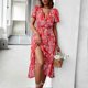 thumbnail image 2 of Women Dress V Neck Ruffle Hem Short Sleeve Split A Line Flared for Summer Spring, 2 of 4