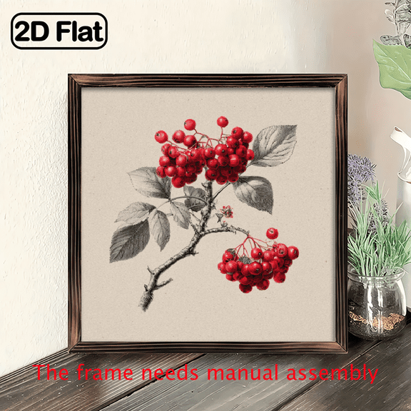 2D Flat, Rustic Farmhouse Floral Wall Art - 8x8 Inch Wooden Framed Painting with Red Berries Green Leaves, Pastoral Style Country Decor for Bedroom, Kitchen, Or Living Room, Wall Decor