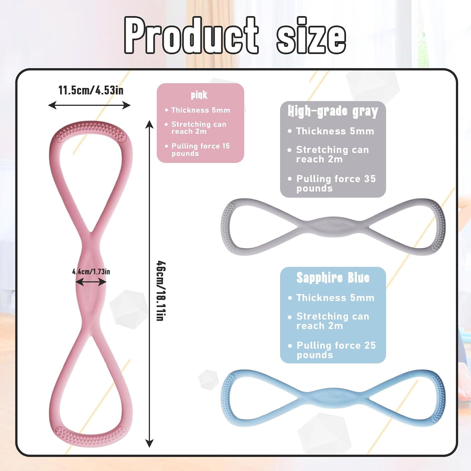 ABCISI 3 Pack Figure 8 Resistance Bands for Women, Arm Resistance Bands for Women, for Working Out, Arm, Back, Fullbody Yoga Pulling Rope, Elastic Stretch Bands (Pink 15lbs Blue 25lbs Grey 35lbs)