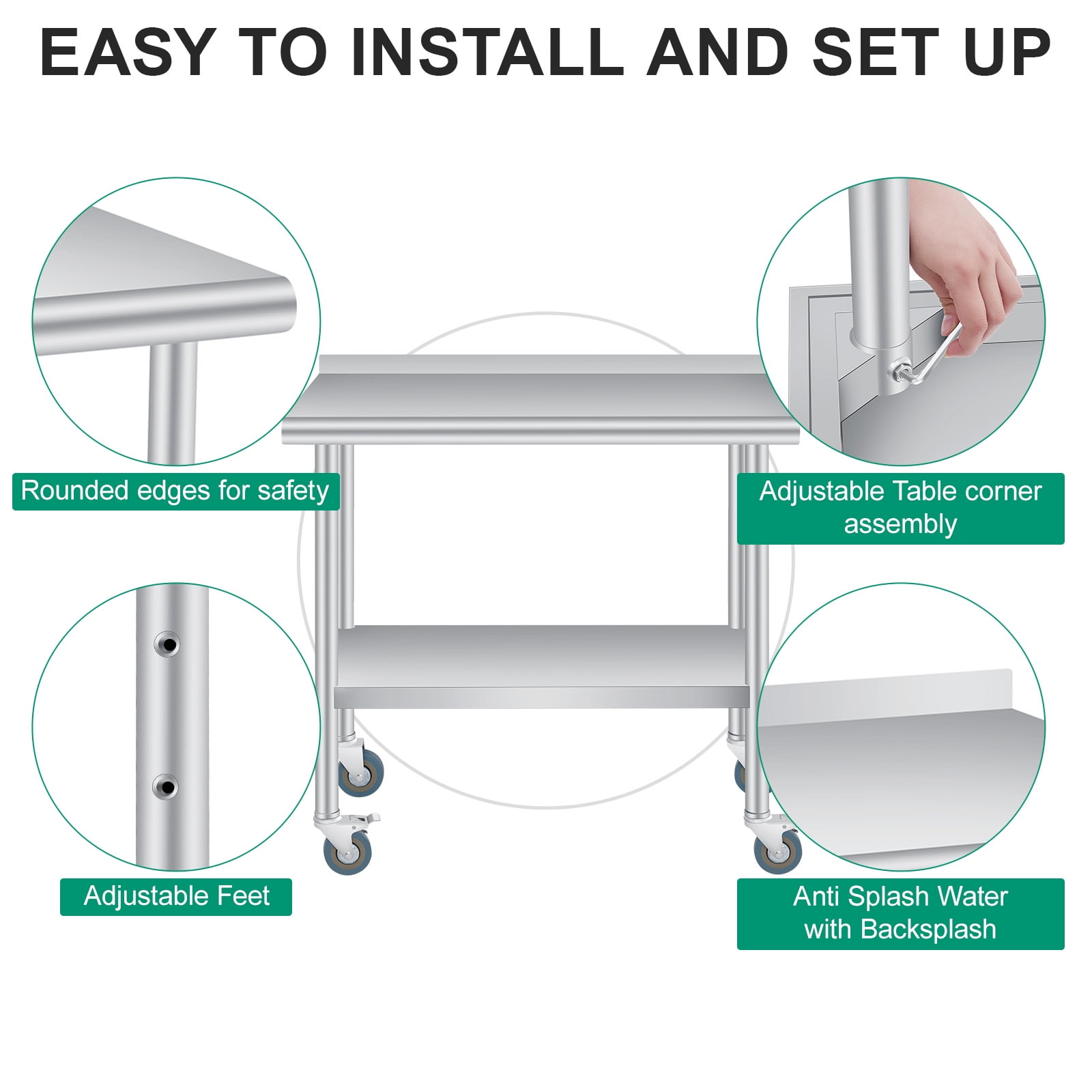 Gaderth Kitchen Prep Table, Prep Table With Storage, Heavy Duty Stainless Steel Kitchen Work Table With Backsplash And 4 Caster Wheels, Kitchen Utility Table, Metal Prep Table For Restaurant, Home