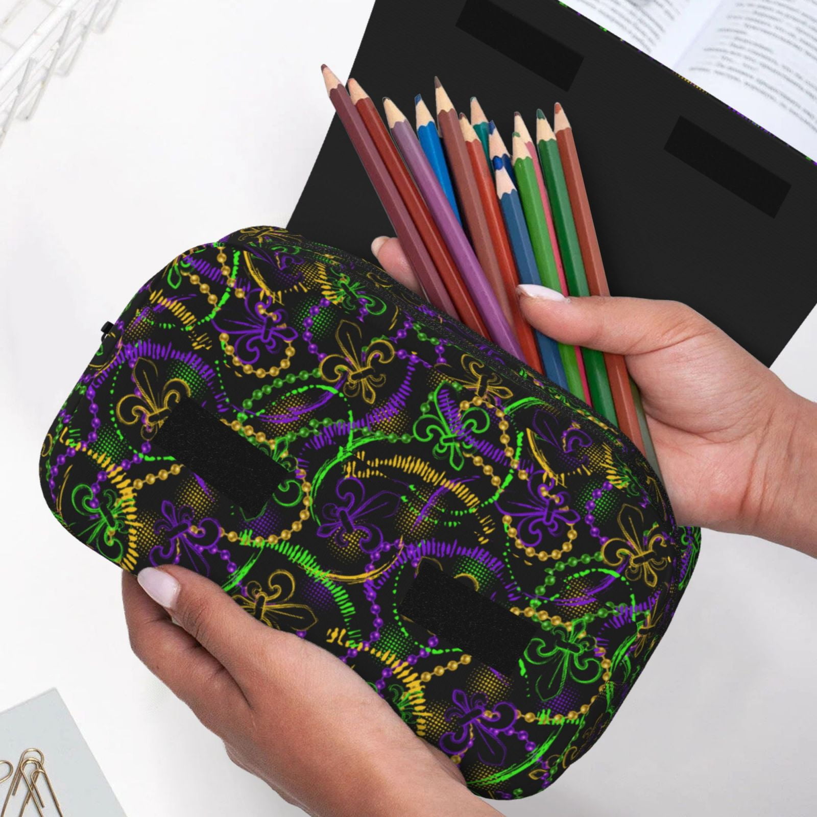 Rateoe Neon Mardi Gras Pattern Double Clamshell Pen Case, Storage Organizer with Two Zipper Compartments– Holds Up to 50 Pencils & Pens