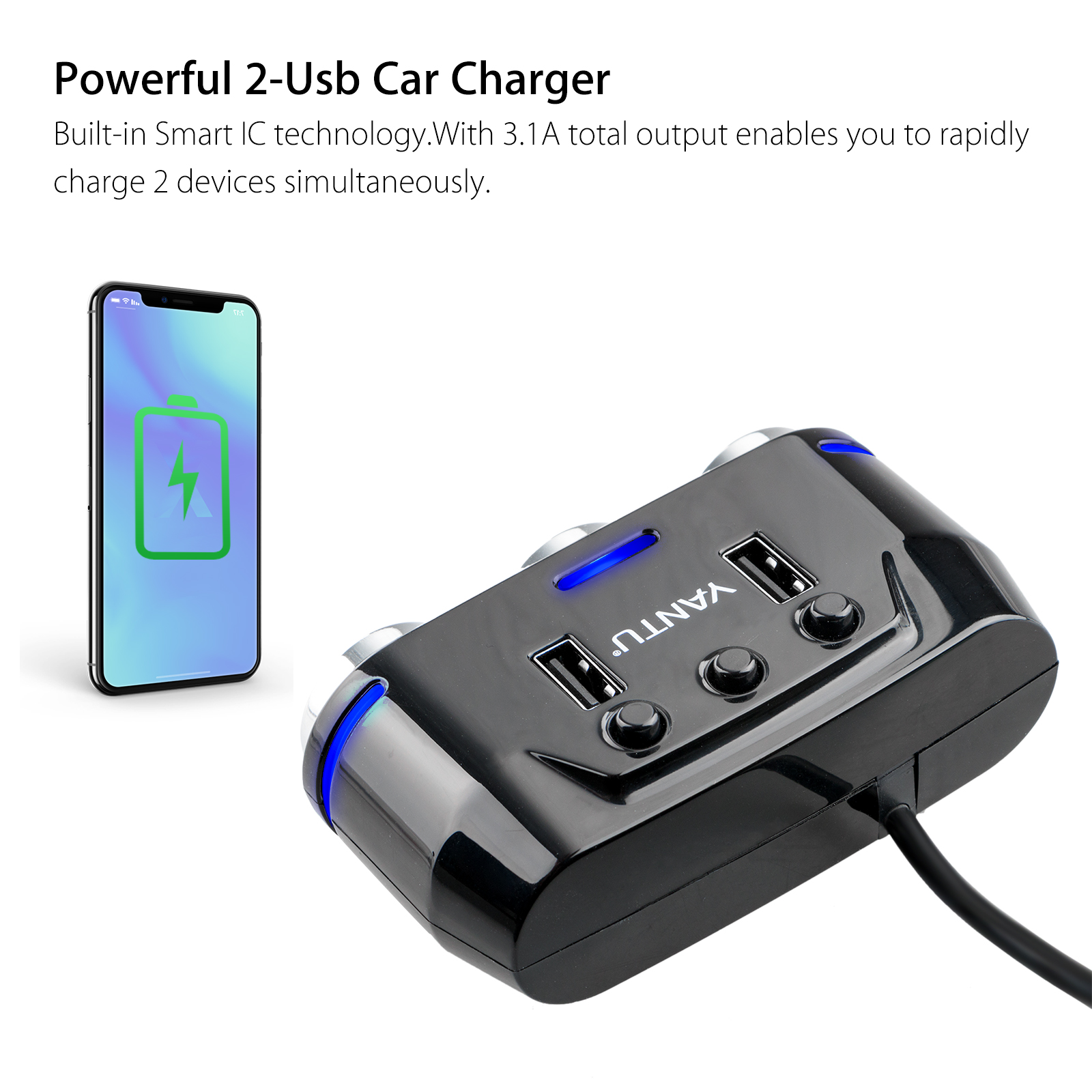 TSV 3-Way Cigarette Lighter Splitter with 2 USB Charger, 12/24V photo 2