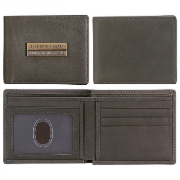Christian Art Gifts Genuine Full Grain Leather RFID Blocking Scripture Wallet for Men: Salt of the Earth - Matthew 5:13 Inspirational Bible Verse Accessory for Credit Cards, Bills, ID, Photos, Gray