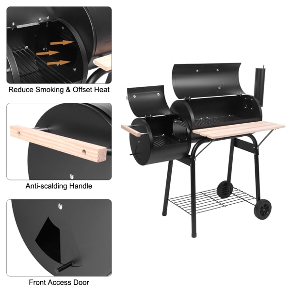 Alvantor Offset Charcoal Grill with Side Smoker, Built-In Thermometer, Wooden Front Shelves, Bottom Storage Rack and Wheels, Black