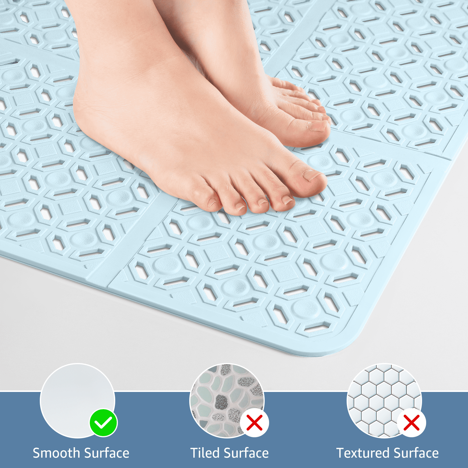 Yolife 27" x 27" Square Shower Mat, Non-Slip TPE Bath Mat with Drain Hole & Suction Cups, Machine Washable Soft Floor Mat for Tub or Stall,Light Blue