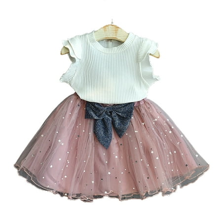 

Chaoren 2Pcs/Set Dress Bow-knot Design All-match Polyester Girl Stylish Dress Tops Skirts for Casual